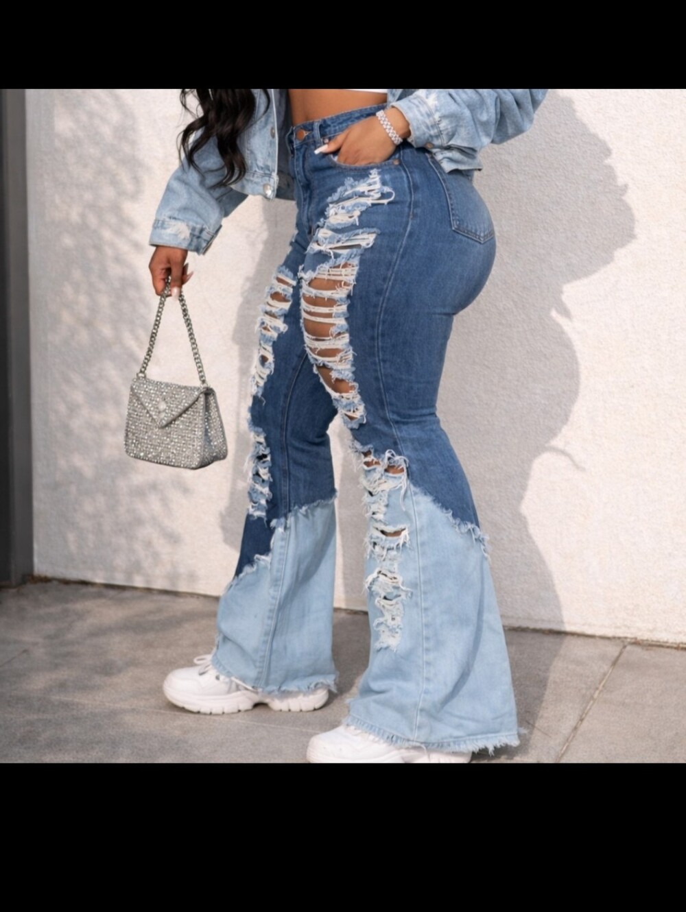 Aphrodite Two-Tone Distressed Flare Jeans - Light & Dark Blue